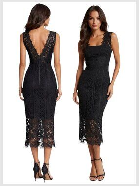 Aqua Lace Midi Dress Black Sheath Sleeveless V Back S